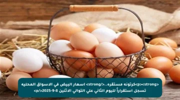 <p><strong>كرتونة مستقرة..</strong> أسعار البيض في الأسواق المحلية تسجل استقراراً لليوم الثاني على التوالي الاثنين 8-9-2025</p>